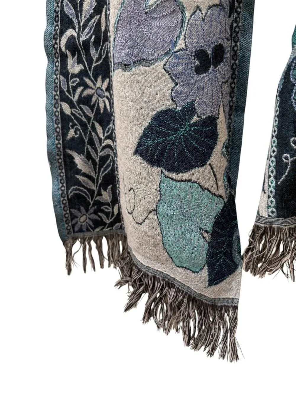Teal Botanical Woven Scarf Fringe Tapestry Wrap Cozy